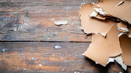 Aufkleber - Closeup view of torn leather pieces on an old wooden surface showcasing texture and rustic elements for crafts : Generative AI