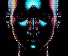 Wall Mural - Futuristic vector illustration of a digital face with iridescent, pixelated textures on a black background. The design emphasizes modernity and a reflective, technological aesthetic.