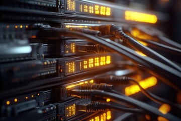 Poster - Wires connected to a server rack with various components and cables