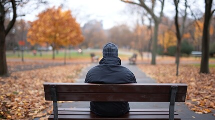 Wall Mural - Lonely Figure in a Park Surrounded by Fall Leaves Sitting on a Wooden Bench : Generative AI