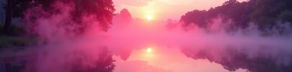 Wall Mural - pink-colored mist rising from a still pond at dawn, pink mist, sun rise