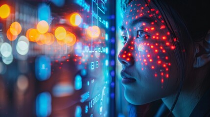 Poster - A woman is gazing intently at colorful digital projections illuminating her face in a modern, high tech setting at night, showcasing a blend of technology and curiosity.