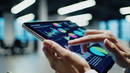 Leinwandbilder - Businesswoman interacting with charts and graphs on a tablet, analyzing financial data in a modern office environment, presented in slow motion