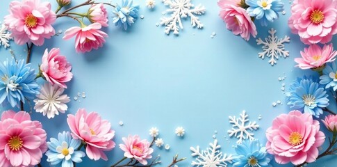 Wall Mural - Pastel pink and blue floral arrangement with white snowflakes, pastel, decorations