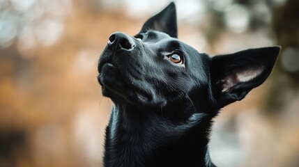 Poster - Beautiful black dog looking up in a serene autumn setting with blurred background : Generative AI