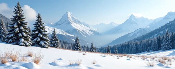 Wall Mural - Snowy meadow with flat white snow and pine trees against snow-capped peaks, snowfall, evergreen trees, wildflowers