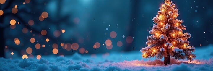 Canvas Print - winter wonderland christmas tree with icicles and lights, snowflakes, fairy lights