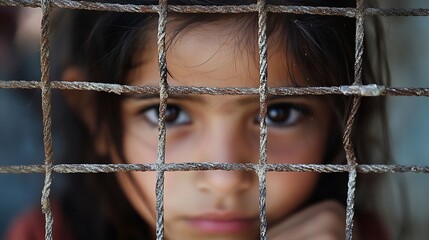 Poster - Young Girl Staring Through a Rusted Wire Fence Reflecting Innocence and Curiosity in a Tender Moment : Generative AI