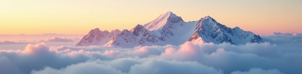 Wall Mural - Snowy mountain peaks shrouded in clouds at golden hour, fog, peaceful, clouds