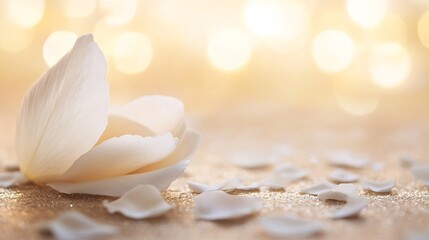 Poster - Delicate rose petal resting on a shimmering surface with soft glowing lights in the background : Generative AI