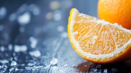 Aufkleber - Refreshing orange slice displayed on a chilled surface highlighting juicy texture and bright color : Generative AI