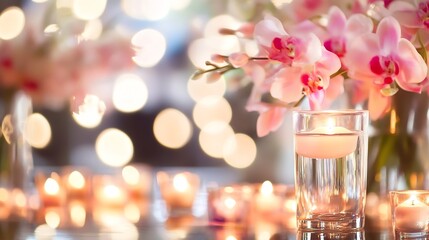 Poster - Romantic setting with floating candles and elegant orchids creating a serene atmosphere for special occasions : Generative AI