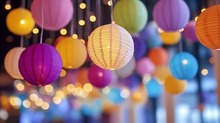 Poster - Vibrant celebration with colorful paper lanterns hanging overhead illuminating a festive atmosphere for gatherings : Generative AI