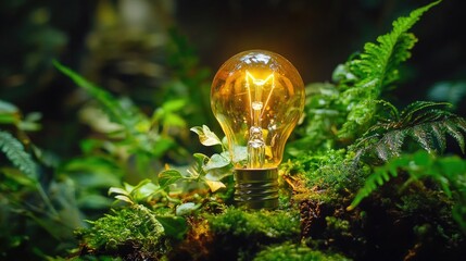 Wall Mural - A lone light bulb sits atop a lush green forest, providing a unique source of light