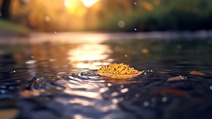 Poster - Autumn Leaf Floating on Calm Water Creating Ripples in the Sunset Glow : Generative AI