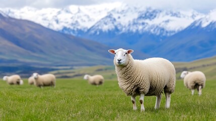 Poster - Adorable Sheep Grazing Peacefully in a Lush Green Field with Majestic Mountains in Background : Generative AI