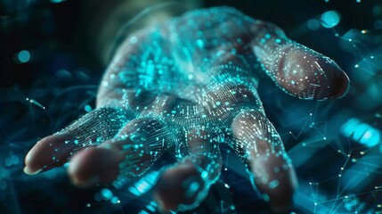 Fototapete - A hand depicted with glowing data particles emanating from its surface illustrates the integration of technology and human interaction, showcasing a blend of art and innovation.