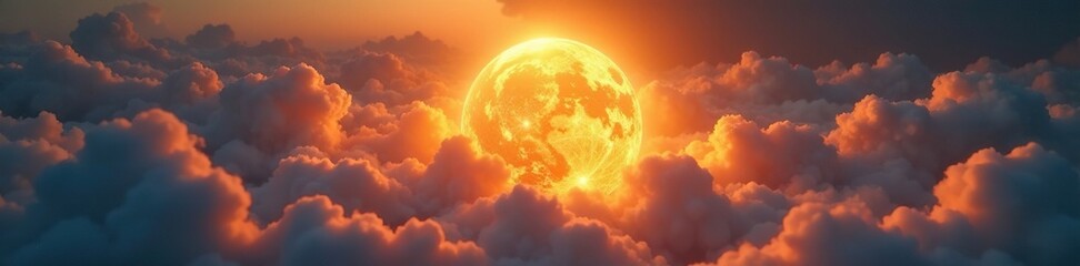 glowing golden sphere amidst shimmering clouds, puffy, sphere, shimmer