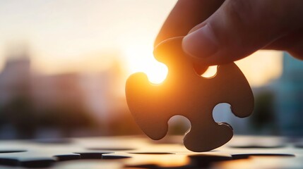 Poster - Close up of a hand holding a puzzle piece with sunlight in the background for a metaphor of solutions and completeness : Generative AI