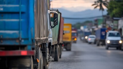 Aufkleber - Traffic Jam with Trucks on a Road Surrounded by Mountains at Dusk : Generative AI