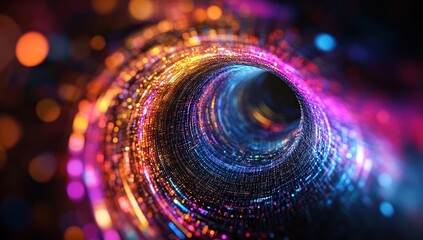 Poster - Vibrant Colors Spiral Through a Digital Tunnel, Representing Data Streams and Abstract Concepts.