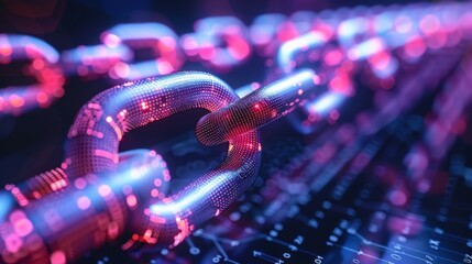 Leinwandbilder - A close up view highlights luminous digital chains interlinked above a dark keyboard, emphasizing themes of connectivity, security, and advanced technology in a cyber landscape.