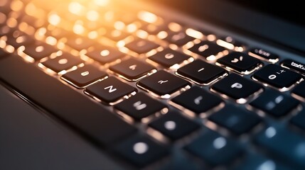 Poster - Close Up of Modern Laptop Keyboard with Illuminated Keys Highlighted by Soft Glowing Light : Generative AI