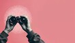 © Vadym - Hands holding binoculars on pink background with halftone pattern. Art collage concept of search, spy, discovery, vision, future, analyzing, research. Opportunity business to find innovation, trend,