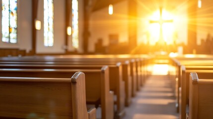 Poster - Sun Rays Illuminating a Church Interior with Pews and a Cross at Sunset Creating a Spiritual Atmosphere : Generative AI