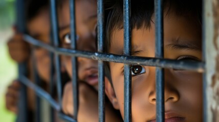 Emotional closeup photo of children looking through bars conveying feelings of despair and longing : Generative AI