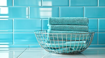 Teal towels in wire basket, blue tile background, bathroom setting, clean and fresh