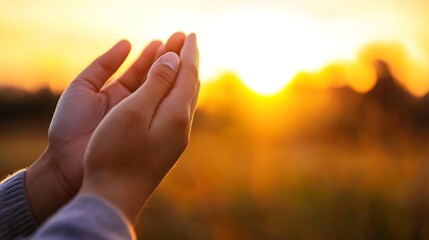 Poster - Hands Reaching Towards a Beautiful Sunset in a Serene Outdoor Setting : Generative AI