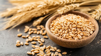 Poster - Organic whole grains in a wooden bowl with fresh wheat stalks for healthy eating and nutrition : Generative AI