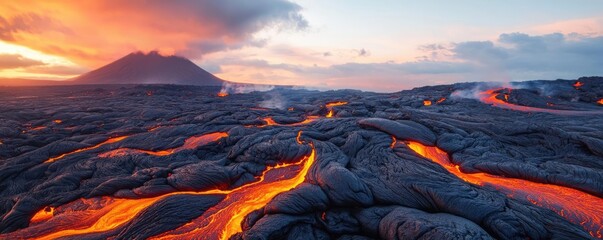 Poster - Volcanic landscapes concept. Lava flowing from a volcano with a stunning sunset backdrop, showcasing nature's power.
