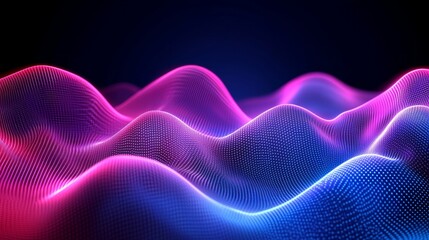 Poster - Abstract Digital Landscape Flowing Waves of Pink and Blue Particles, Technology Concept