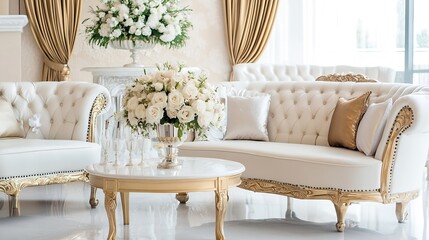 Aufkleber - Elegant living room with luxurious white sofas adorned with decorative pillows and beautiful floral arrangements : Generative AI