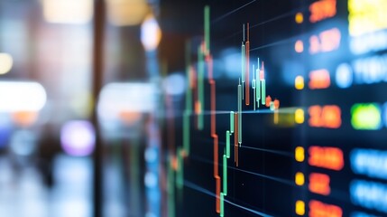 Poster - Dynamic stock market data visualization illustrating trends on a digital screen in a modern office : Generative AI