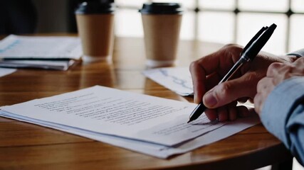 Poster - Close up slow motion montage of a businessman's hands meticulously reviewing and signing a contract at a wooden table, disposable coffee cups and documents suggesting a busy work environment