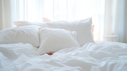 Aufkleber - Cozy white bedding with fluffy pillows and soft light filtering through curtains : Generative AI