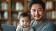 © D-stock photo - Happy asian father and son using laptop computer in library at home