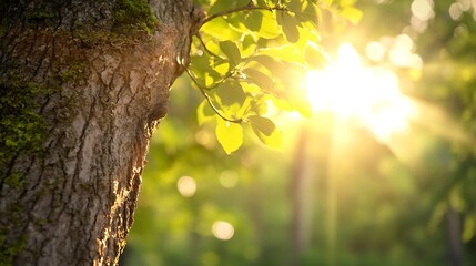 Wall Mural - Sunlight Filtering Through Leaves on a Tree Creating a Warm Natural Atmosphere : Generative AI