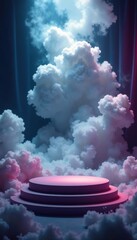 Wall Mural - Cloud of dense steam wraps around empty stage, podium, cloudy