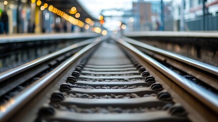 Aufkleber - Closeup view of railway tracks leading into a busy urban station : Generative AI