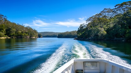 Aufkleber - A serene scene of a quiet river cruise surrounded by lush greenery and bright blue skies in a tranquil natural setting : Generative AI