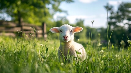 Poster - Cute White Lamb Grazing in a Lush Green Field Surrounded by Nature on a Sunny Day : Generative AI