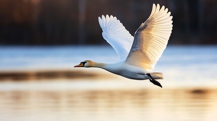 Poster - Elegant swan in flight over tranquil waters reflecting warm light during a stunning sunset or sunrise : Generative AI