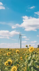 Canvas Print - Esthetic sunflower field with wind turbine and cloudy blue sky landscape wallpaper outdoors windmill machine.