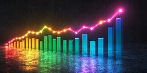 Poster - Neon Bar Graph and Line Chart on Dark Background, Data Visualization, Abstract Vector Illustration
