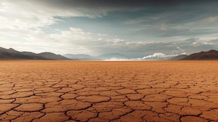 Poster - Acid rain climate change idea. Barren, cracked landscape under a cloudy sky, illustrating the effects of drought.