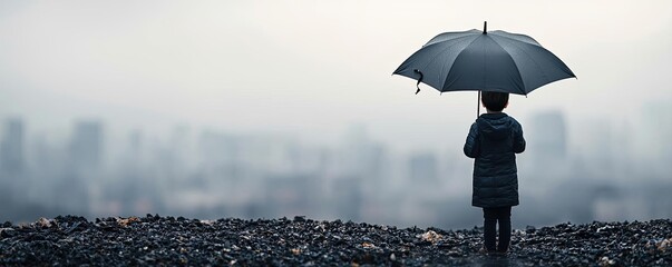 Poster - Acid rain climate change concept. A child stands in the rain with an umbrella, gazing at a distant, foggy city skyline.